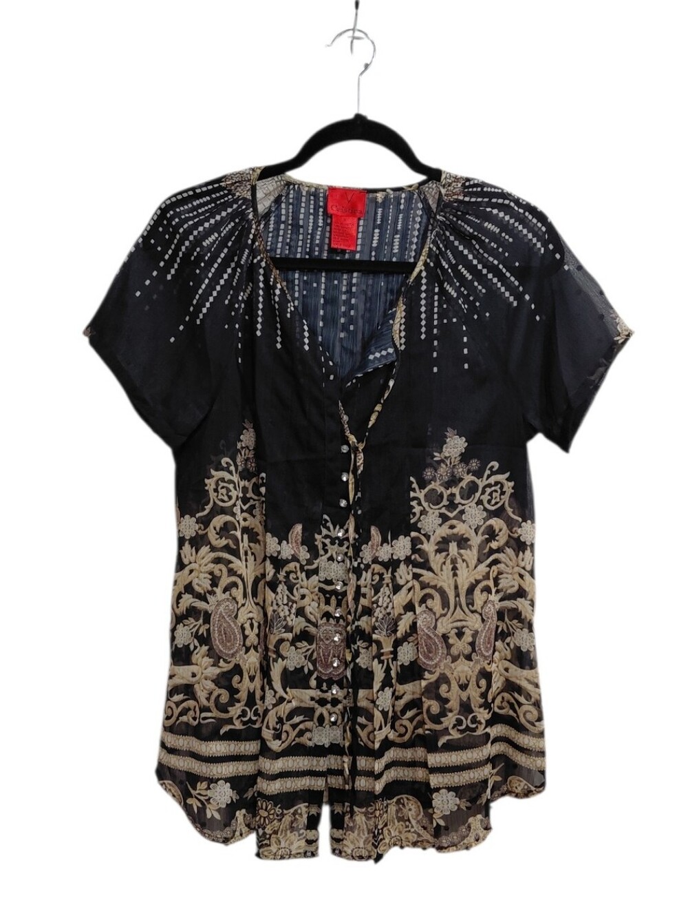 Boho Black and Cream Embroidered V-Neck Blouse